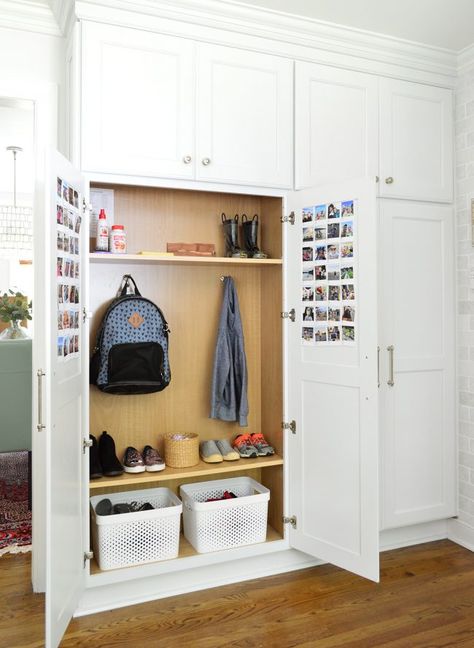 Brilliant plan to create a faux mudroom in the kitchen near the garage door! | Maximizing Our Mini Mudroom | Young House Love Simple Mudroom, Functional Mudroom, Mudroom Closet, Mudroom Cabinets, Ford Interior, Mudroom Organization, Mudroom Ideas, Mudroom Entryway, Mudroom Laundry Room