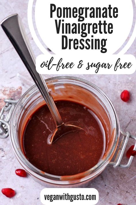 Healthy homemade pomegranate vinaigrette dressing recipe made with plant-based ingredients. Oil-free, refined sugar free, and gluten-free! Tart and sweet flavor from pomegranate molasses and whole dates is amazing. Create a guilt-free vegan salad with the sweet and tangy flavor of a creamy dressing you’ll be making on repeat. Pomegranate Molasses Recipe, Pomegranate Vinaigrette Dressing, Pomegranate Molasses Dressing, Vegan Dressing Recipes, Dairy Free Dressing, Vegan Chicken Salad, Pomegranate Dressing, Pomegranate Vinaigrette, Vinaigrette Dressing Recipe