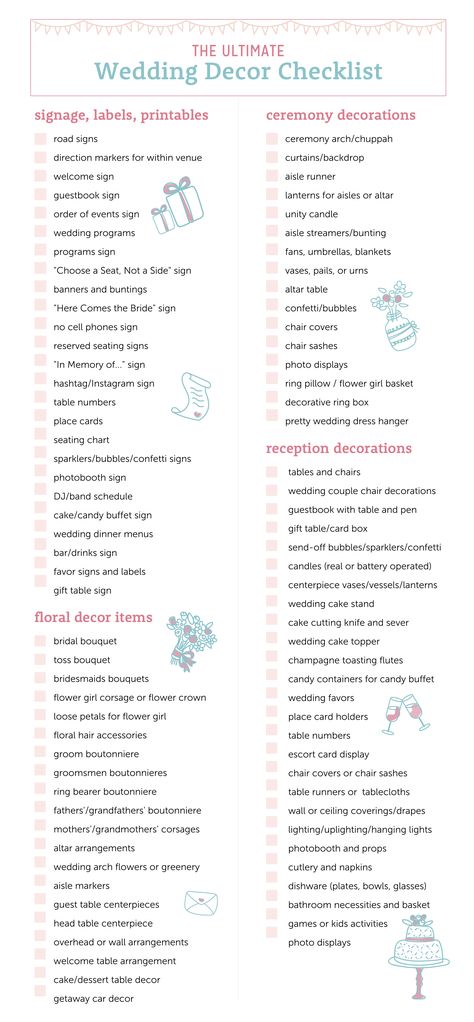 Wedding Decor & Flowers Checklist Wedding Decor Checklist, Wedding Decoration Checklist, Wedding Decor Flowers, Decor Checklist, Wedding Planning Binder, Wedding Binder, Wedding Party Flowers, Checklist Printable, Wedding Planning Timeline