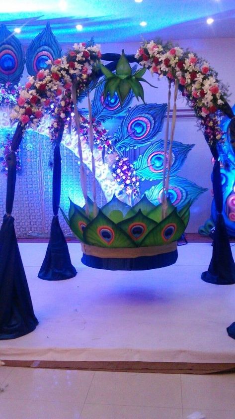 latest birthday balloon decorations at home ideas Cradle Ceremony Decoration, Cradle Decoration, Ganpati Decoration Theme, Naming Ceremony Decoration, Simple Stage Decorations, Cradle Ceremony, Ganpati Decoration At Home, Janmashtami Decoration, Ganapati Decoration