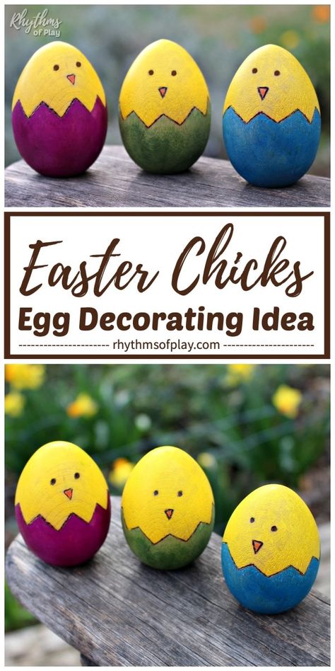 Cute Easter Chicks! Kids love to find colorful Easter eggs, like this easy wooden egg decorating idea, in Easter Baskets and on Easter Egg Hunts. This easy spring chick Easter craft can be made with paint pens or a woodburning tool and watercolors. | #EasterCraft #EasterEgg #EasterIdea #DIYEaster #EggDecorating Wooden Eggs Crafts, Stroller Decoration, Martha Stewart Crafts, Diy Ostern, Easter Egg Crafts, Easter Chick, Egg Crafts, Easter Craft, Wooden Eggs