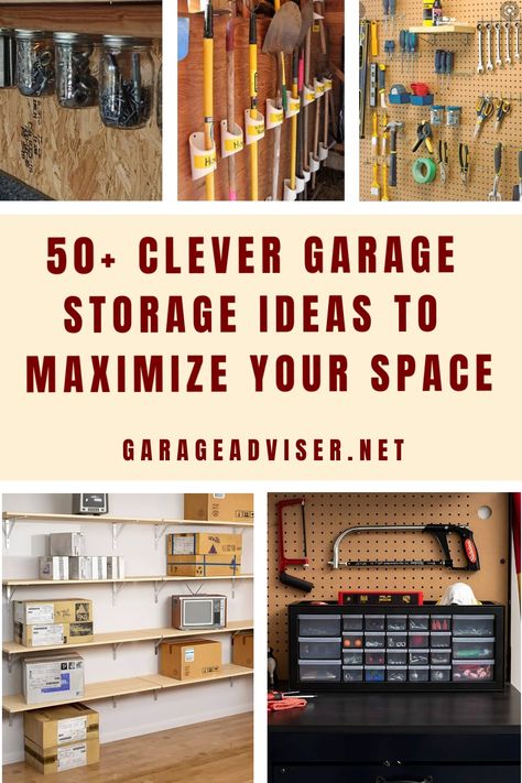 Explore over 50 clever garage storage ideas to maximize your space and keep your garage organized. From shelving units to DIY solutions, find inspiration on Garage Adviser for practical and efficient ways to store all your belongings in the garage. Say goodbye to clutter and hello to a well-organized space with these innovative storage solutions. Whether you have a small or large garage, there are plenty of ideas here to help you make the most of your space. Above Car Garage Storage, Middle Of Garage Storage, Small Garage Tool Storage Ideas, Unique Garage Storage Ideas, Storage Between Garage Doors, Garage Storage Container Ideas, Store Room Ideas Garage, Store Lawn Chairs In Garage, Organizing Small Garage Ideas