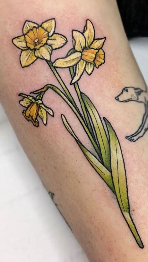 Yellow Daffodils Tattoo, Neo Trad Daffodil, Art Deco Daffodil, Bouquet Of Flowers Tattoo Color, Dafadills Tattoo Design, Daffodil Tattoo Color, Daffodil Tattoo Small, Dafodill Flowers Tattoo, Daffodil Illustration