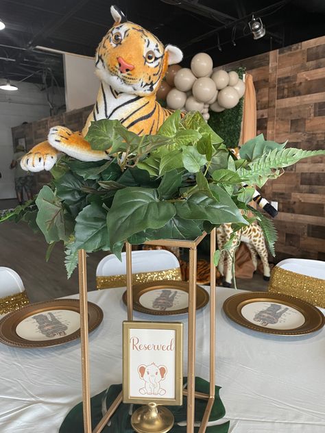 Tiger in the vines Lion Centerpiece Ideas, Tiger Centerpieces, Tiger Baby Shower Theme, Safari Centerpieces Baby Shower Ideas, Safari Party Centerpieces, Safari Theme Centerpieces, Christening Theme, Safari Centerpieces, First Birthday Centerpieces