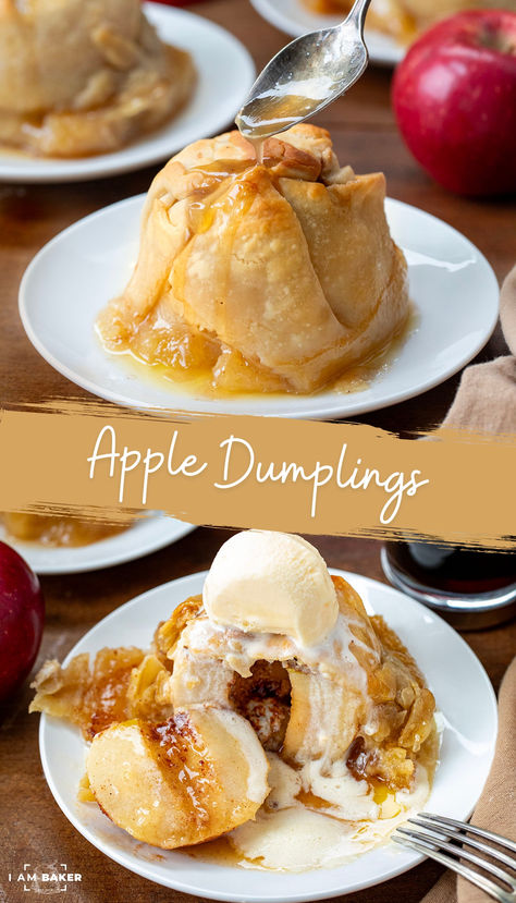 Apple Dumplings are Granny Smith apples wrapped in a flaky pie crust, filled with a spiced butter and brown sugar mixture, topped with a sweet apple cider sauce. It’s a dessert similar to a classic apple pie but in your own individual-sized portion! Individual Apple Desserts, Apple Dumplings With Pie Crust, Pie Crust With Shortening, Apple Cider Sauce, Pudding Recipes Homemade, Easy Apple Dumplings, Easy Impressive Dessert, Apple Dumpling, Spiced Butter