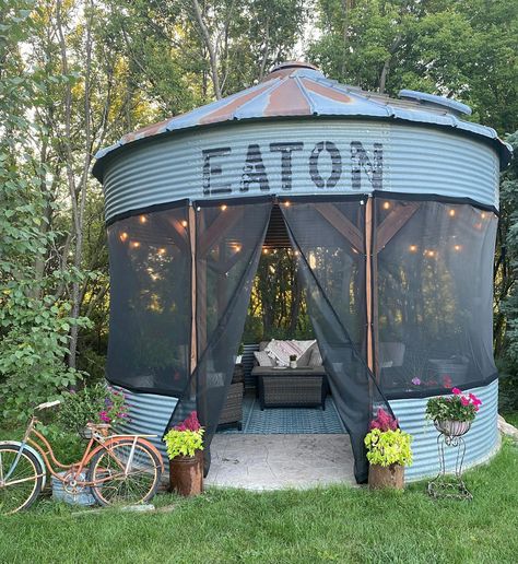 A New Market, Minnesota, family's spacious gazebo has turned into a place for quiet time and gatherings. Grain Bin Gazebo, Bin Gazebo, Grain Bin House, Corn Crib, Silo House, Backyard Gazebo, Backyard Pavilion, Backyard Fire, Outdoor Decor Backyard