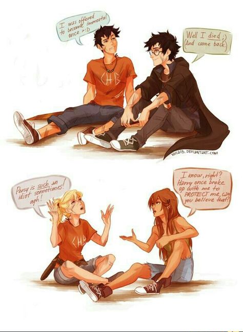 Percy Jackson and Harry Potter crossover  Art: Viria Percy Jackson Crossover, Harry Potter Crossover, Percy Jackson Comics, Harry And Ginny, Dibujos Percy Jackson, Harry Potter Comics, Percy Jackson Fan Art, Percy Jackson Characters, Percy Jackson Memes