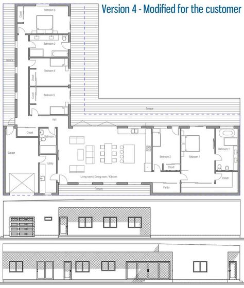 L shape, masters on opposite ends, garage in the middle I Shaped House Plans, L Shaped House Plans, L Shaped House, Three Bedroom House Plan, Bungalow House Plans, Casa Container, Modern House Plan, Hus Inspiration, Bedroom House Plans