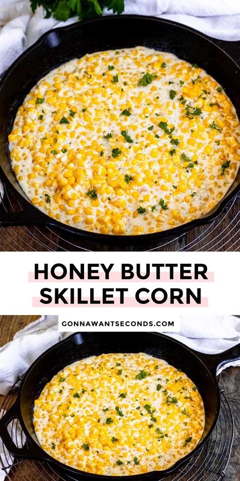 *NEW* Our honey butter skillet corn is a sweet and savory side dish that's easy to make and your family will ask for on repeat!!! #buttercorn #skilletcorn Honey Corn Skillet, Honey Butter Corn, Honey Butter Skillet Corn, Easy Honey Butter, Corn Recipes Side Dishes, Butter Corn, Skillet Corn, Corn Side Dish, Honey Roasted Carrots