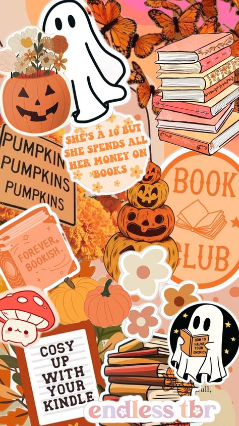 fall bookish Spooky Bookish Wallpaper, Halloween Kindle Wallpaper, Bookish Halloween Wallpaper, Fall Bookish Aesthetic, Halloween Book Wallpaper, Fall Kindle Aesthetic, Fall Books Wallpaper, Fall Bookish Wallpaper, Reading Books Aesthetic Wallpaper