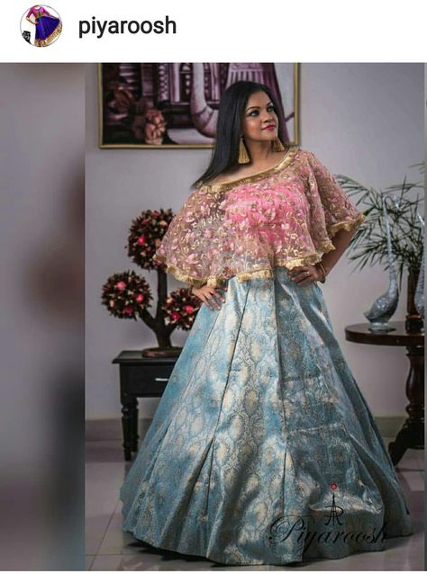 Cape Blouse Lehenga, Blue Brocade Lehenga, Brocade Lehenga, Cape Blouse, Pink Tube Top, Blouse Lehenga, Alice Blue, Bridal Lehengas, Indian Style