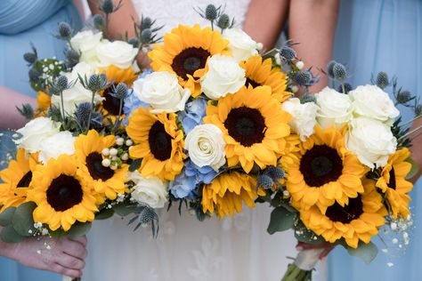 Dusty Blue And Sunflower Wedding, Sunflowers And White Roses, June Wedding Colors, Sunflower Weddings, Sunflower Wedding Decorations, Sky Blue Bridesmaid Dresses, Wedding Flowers Sunflowers, Tennessee Wedding Venues, Sunflowers And Roses