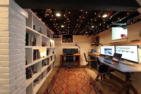 31+ Unfinished Basement Ideas & Designs To Spruce Up Your Room (2021) Exposed Basement Ceiling, Basement Home Office, Low Ceiling Basement, Unfinished Basement Ideas, Basement Studio, Basement Office, Dream Basement, Basement Lighting, Basement Remodel Diy