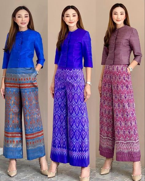 Blue Filipiniana, Myanmar Clothes Design, Thai Fashion, Batik Kebaya, Traditional Dresses Designs, Batik Fashion, Cotton Kurti Designs, Dress Design Patterns, Kurti Designs Party Wear