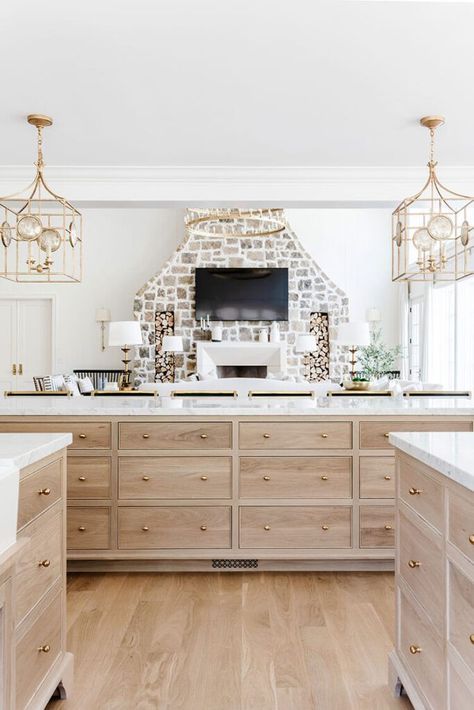 Kitchen With Natural Wood Cabinets, Kitchen With Natural Wood, Natural Wood Cabinets, The Fox Group, Fox Group, American Farmhouse Style, Farmhouse Cabinets, American Farmhouse, Leather Chesterfield Sofa