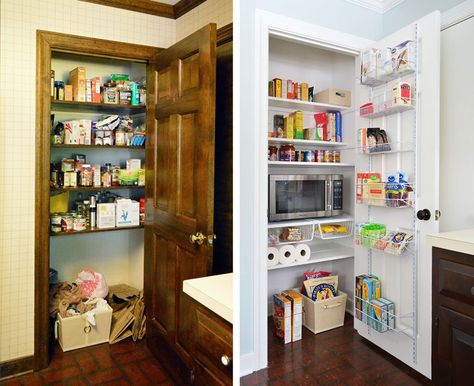 Pantry Redesign, Microwave In Pantry, Pantry Update, Pantry Redo, White Pantry, Organized Pantry, Built In Pantry, Custom Pantry, Pantry Remodel