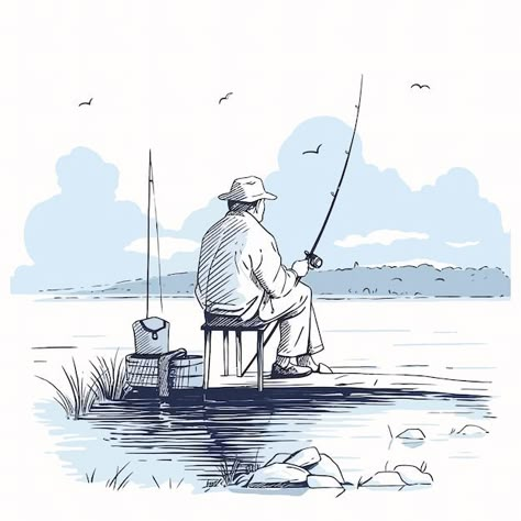 Fisherman Boat Illustration, Fishing Man Illustration, Over Fishing Illustration, Fishing Illustration Art, Man Fishing Drawing, Fisherman Sketch, Fisherman Vector, Fishing Drawing Ideas, Anime Fisherman