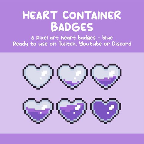 Cute badges for sub and role badges for twitch, discord or youtube. Kawaii, Second Life Avatar Kawaii, Sub Badges For Twitch, Pixel Twitch Badges, Purple Pixel Art, Blue Pixel Art, Pixel Art Heart, Stream Assets, Stream Ideas