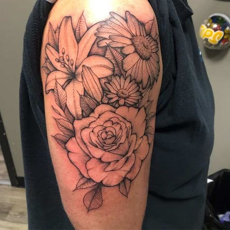 Lily Daisy Rose Tattoo, Lily Rose Daisy Tattoo, Sunflower Rose And Lily Tattoo, Black And White Lily Tattoo, Lily And Daisy Tattoo, Rose Lily Tattoo, Rose And Daisy Tattoo, Gerber Daisy Tattoo, Daisy Tattoo Meaning