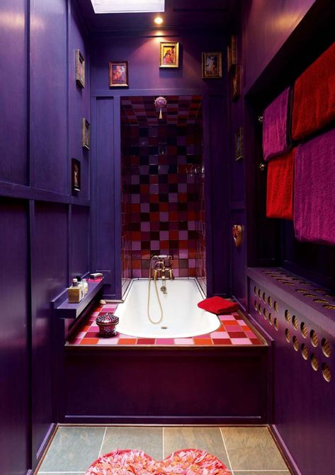 Moroccan Inspired Bathroom, Small Bathroom Renos, Purple Bathroom, Purple Tile, Bathroom Shelf Decor, Bathroom Shower Design, Purple Bathrooms, Interior Color, Décor Diy