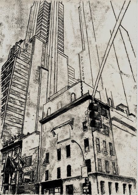 Cityscape Mono print from blogspot - artist unknown Monoprint Artists, Glasgow Architecture, Monoprint Art, Forest Sketch, Gelli Printing Art, Mono Print, Gcse Art Sketchbook, Building Illustration, Architecture Images