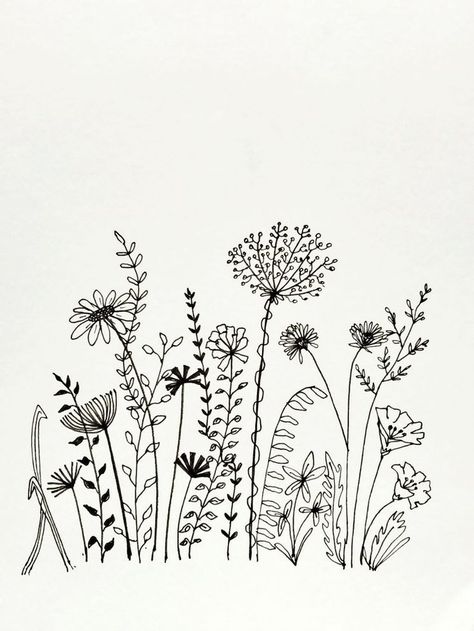 Botanical Line Drawing | Wildflower drawing, Flower line drawings, Line art drawings Wild Flower Illustration Drawings, Embroidery Line Drawing, Row Of Flowers Tattoo, Wildflower Sketch Drawings, Envelope Drawing Doodles, How To Draw Wildflowers, Duddle Arts, Wildflower Drawing Simple, Flower Line Art Tattoo