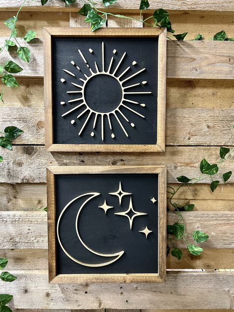 Farmhouse style sign featuring the sun and the moon that has been laser-cut out of birch wood and applied to a backing and frame made of pine. Frame is stained a medium-tone. Options are available to purchase just one sign or both as a set. Pictured is gold imagery on a black background. Items will ship no later than 2 weeks after order date via USPS or UPS. There is the potential for timing to vary depending on current workload. If for any reason an item should be delayed, I will do my best to notify you. If for any reason an item needs to be rushed, please let me know.  Because this item is handmade, each sign turns out a little bit differently from one to the next. Though I do my best to keep everything looking consistent, I cannot control any wood variations including color. These vari Sun And Moon Classroom Theme, Sun Moon And Stars Decor, Sun And Moon Decorations, Sun And Moon Bedroom Decor, Sun Wood Art, Sun Moon Decor, Celestial Room Decor Diy, Sun And Moon Wall Decor, Witchy Living Room Aesthetic