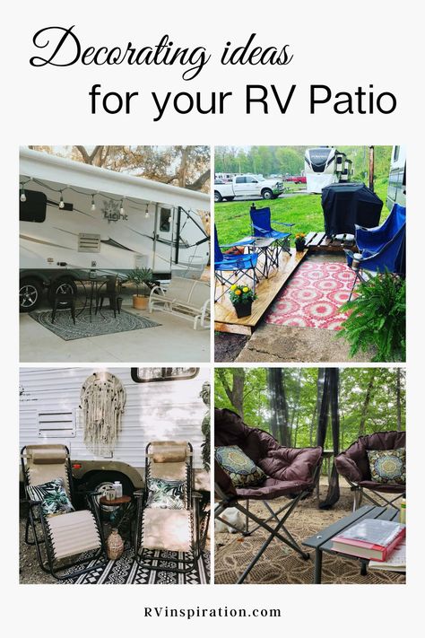 Decorating ideas for your RV patio or campsite that will inspire you to create a relaxing outdoor living space at your RV park, campground, or boondocking spot. | RVinspiration.com | #RVpatioideas #RVpatiodecoratingideas #campsitedecoratingideas #RVcampsitedecoratingideas Trailer Decor Outside, Outdoor Rv Decorating, Rv Site Decorating Ideas, Seasonal Campsite Decorating Ideas, Rv Airbnb Ideas, Camper Set Up Ideas Campsite, Camp Set Up Ideas Campsite, Outdoor Rv Patio Ideas, Seasonal Campsite Ideas Yards