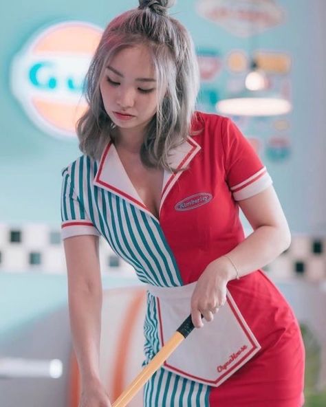 [8/17/23] Waitress Uniform Vintage, 1950 Diner, Waitress Outfit, Waitress Uniform, 50s Diner, Oc Challenge, Staff Uniforms, Female Dancers, American Diner