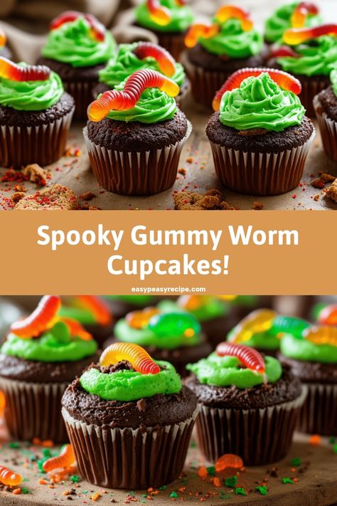 Chocolate cupcakes with green frosting topped with gummy worms for a spooky Halloween treat. Scary Halloween Dessert Ideas, Worm Cupcakes, Quick Sweets, Spooky Dinner, Cake Mix Ingredients, Fun Baking, Fall Fest, Gummy Worms, Diy Recipe