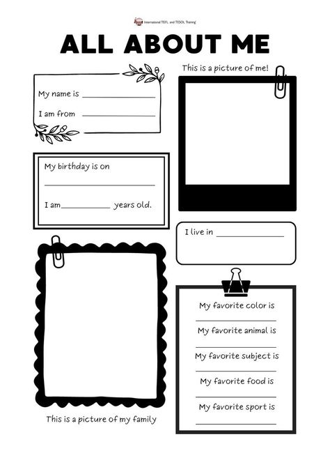 This is a fun worksheet for students to get to know each other at the beginning of a new school year for example. All About Me Template, Me Template, Back To School Worksheets, All About Me Worksheet, About Me Template, Get To Know You Activities, All About Me Activities, About Me Activities, Teaching English Online