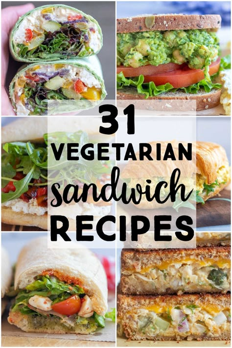 If you're bored with your lunch routine, I have rounded up all my favorite Vegetarian Sandwich Recipes for you to choose from!  Included are traditional sandwiches, lettuce wraps, regular wraps and pitas.  They are all vegetarian, with a few vegan and gluten free options thrown in.  Make lunch your favorite meal of the day with these delicious recipes! #vegetarianrecipes #sandwiches #lunch #picnicrecipe #hikingfood Vegetarian Sandwich Ideas, Vegetarian Lunch Ideas For Work, Wraps Recipes Vegetarian, Lunch Recipe Ideas, Packing Inspiration, Vegetarian Sandwiches, Vegetarian Wraps, Easy Healthy Lunch, Vegetarian Sandwich Recipes