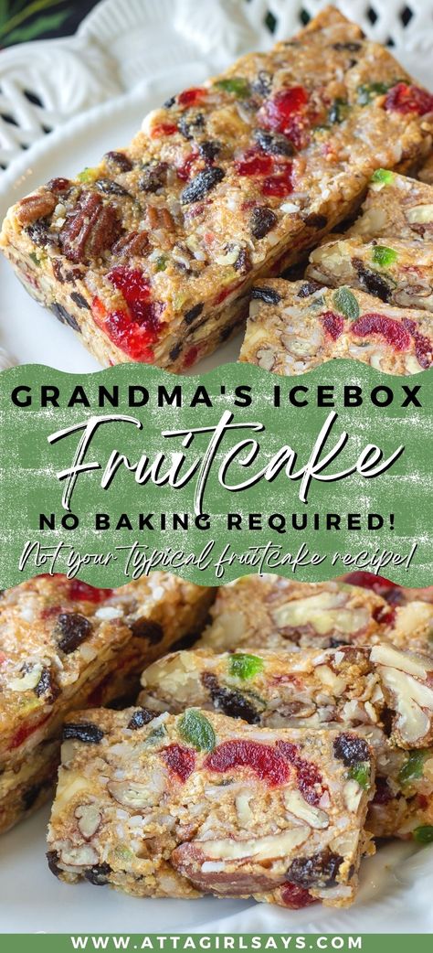 If you don't like the classic Christmas dessert , this no-bake icebox fruitcake recipe will change your mind. You'll love this fruity and nutty version made with graham crackers and marshmallows. Graham Cracker Fruit Cake No Bake, Best Fruit Cake Cookies Recipe, No Bake Fruitcake Recipes, Unbaked Fruitcake Recipe, Fruit Cake Bars, Refrigerator Fruit Cake Recipe, Christmas Fruitcake Recipes, Icebox Fruitcake Recipes Graham Crackers, Fruit Cake Bars Recipe