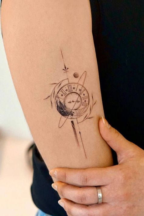 27 Unique Clock Tattoo Design Ideas to Inspire You Life Clock Tattoo, Prague Astronomical Clock Tattoo, Tattoo Clock Men, Time Tattoo Ideas For Men, Dainty Clock Tattoo, Warped Clock Tattoo, Minimal Clock Tattoo, Moon Clock Tattoo, Time Tattoo Minimalist