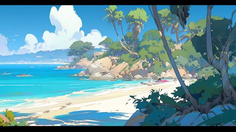 ArtStation - Beach Yami Yami, Beach Illustration, Landscape Concept, Landscape Background, Beach Background, Pretty Landscapes, Cool Wallpapers Art, Landscape Illustration, Animation Background