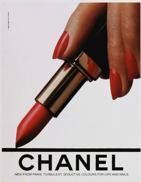 Chanel lipstick and nail polish ad (1985). Love the simplicity of this ad. Red Lipstick, Chanel, Makeup, Photography, Red, Make Up