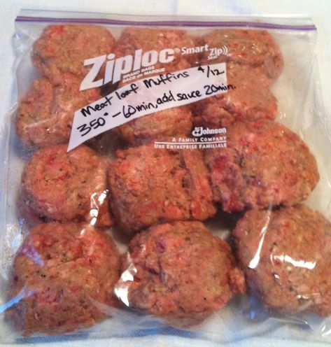 bag of meatloaf muffins Freezer Meatloaf, Meatloaf Patties, Meatloaf Muffins Recipe, Freezer Ideas, Freeze Ahead Meals, Meatloaf Muffins, Freezer Dinners, Make Ahead Freezer Meals, Hot Sausage