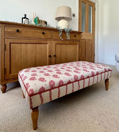 A beautiful ticking stripe fabric coffee table footstool sitting on wood feet with piping detail, various fabric colours available. Dimensions : Width 100cm, Depth 50cm, Height 35cm Bedroom Ottoman Ideas, Upholstered Ottoman Coffee Table, Fabric Coffee Table, Upholstered Coffee Table, Upholstered Coffee Tables, Large Footstools, Bedroom Ottoman, Susie Watson, Spring Furniture