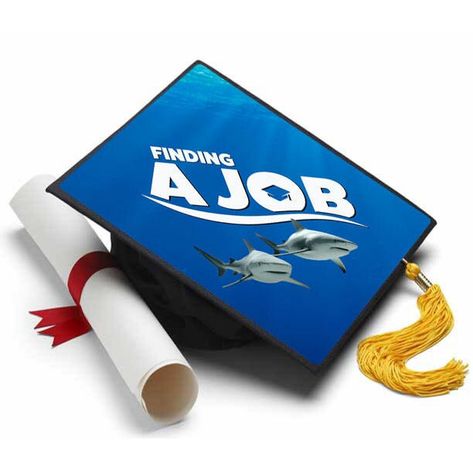 "Info Finding a job is just like swimming with the sharks.  Wouldn't it be nice if it was Nemo lurking around the corner.  Good luck finding a job! About A Tassel Topper is the ultimate form of self expression and is the professional way to decorate your graduation cap. We print your design on a durable sheet of plastic that fits directly on top of your graduation cap with the help of our adhesives. The Tassel Topper won't damage your grad cap in any way and is a sure way to stand out in the cro Disney Grad Caps, Funny Graduation Caps, Creative Graduation Caps, College Grad Cap Ideas, Grad Cap Decorated, Graduation Cap Decoration Diy, Finding A Job, High School Graduation Cap, College Graduation Cap Decoration