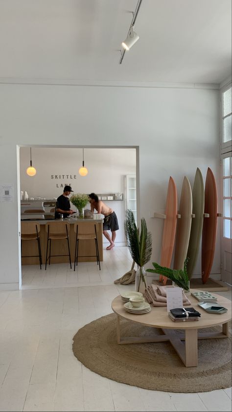 Surfing House Aesthetic, Surf Modern Interior, Surf Chic Decor, Surfboard In Living Room, Surf Home Aesthetic, Surfboard Living Room, Daydream Surf Shop, Surf Airbnb, Industrial Coastal Decor