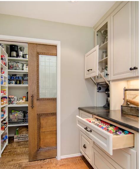 Pantry with vintage pocket door Kitchen Pantry Ideas, Patio House, Pantry Layout, House Pantry, Kitchen And Bathroom Remodeling, Spanish Home Decor, Ideas For Storage, Pantry Laundry Room, Pantry Remodel