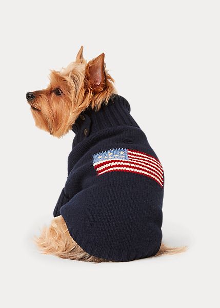 Flag Wool-Blend Dog Sweater Aesthetic Dog Stuff, Country Attire, Soft Dog, Dog Jumpers, Polo Ralph Lauren Sweater, Flag Embroidery, Ralph Lauren Purple Label, Dog Sweaters, Dog Sweater