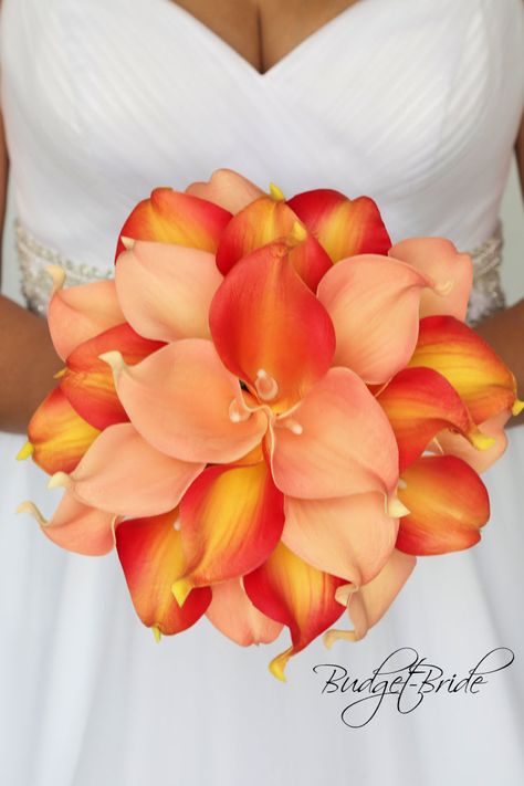 This stunning brides bouquet is hand held round bouquet with 24 calla lilies in a mixture of peach and coral. This bouquet is approx 8.5 inches wide. Coral Wedding Bouquet, Bridal Colors, Bridal Bouquet Coral, Calla Lily Bridal Bouquet, Calla Lily Bouquet Wedding, Calla Lily Bridal, Calla Lily Wedding, Orange Bouquets, Orange Wedding Flowers