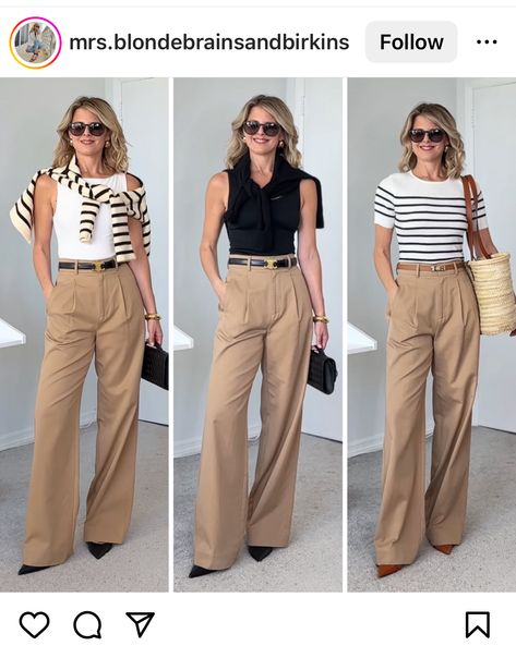 Tan Collared Shirt Outfit, Camel Pants Outfit Casual, Beige Tailored Pants Outfit, Light Beige Trousers Outfit, Beige Pantalon Outfit, Khaki Slacks Outfit Women, Pantalon Camel Outfits Mujer, Camel Wide Leg Pants Outfit, Breton Outfit