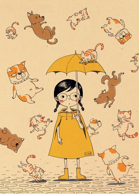 HITRECORD - It's raining cats and dogs Cats With Dogs, Drawing Rain, It's Raining Cats And Dogs, Cat And Dog Drawing, Rain Illustration, Book Illustration Layout, Dog Cat Pictures, Dogs Pictures, Photo Cat