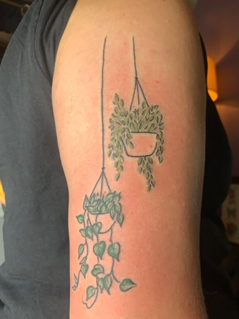 Hanging plants with color Hang Tattoo Women, Simplistic Plant Tattoo, Tattoos Of Plants, Tattoo Round Arm, Simple Plant Tattoos For Women, Trailing Plant Tattoo, Plant In A Pot Tattoo, Plant Neck Tattoo, Hanging Plants Tattoo