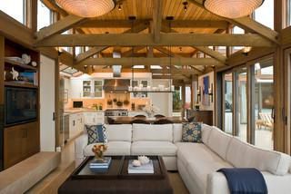 13 Decorating Tips To Making A Large Room Feel Cozy Beach Style Living Room, Contemporary Family Room, Couches Living, Open Kitchen And Living Room, Big Room, Coastal Living Rooms, Wooden Beams, Livingroom Layout, Rustic Living Room