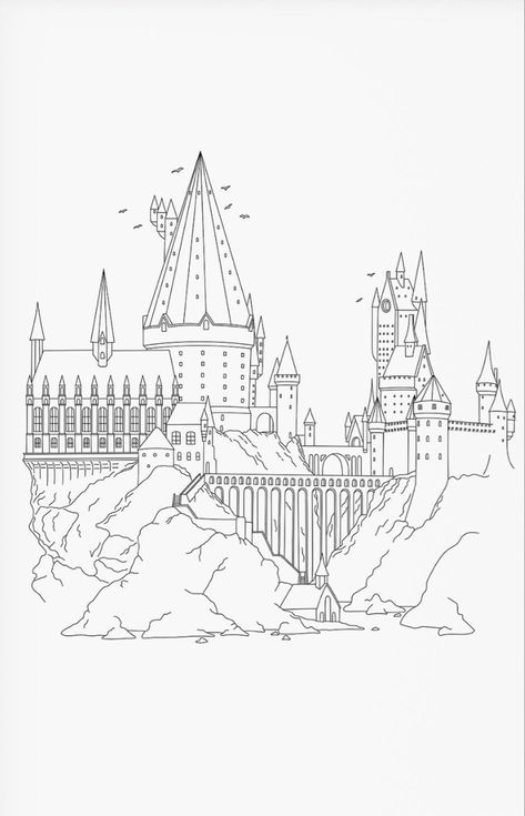 Outline Of Hogwarts Castle, Sketch Of Hogwarts Castle, Harry Potter Artwork Draw, Hogwarts Castle Coloring Page, Harry Potter Castle Sketch, Harry Potter Castle Drawing Easy, Hogwarts Castle Line Art, Harry Potter Tattoos Hogwarts Castle, Simple Hogwarts Drawing