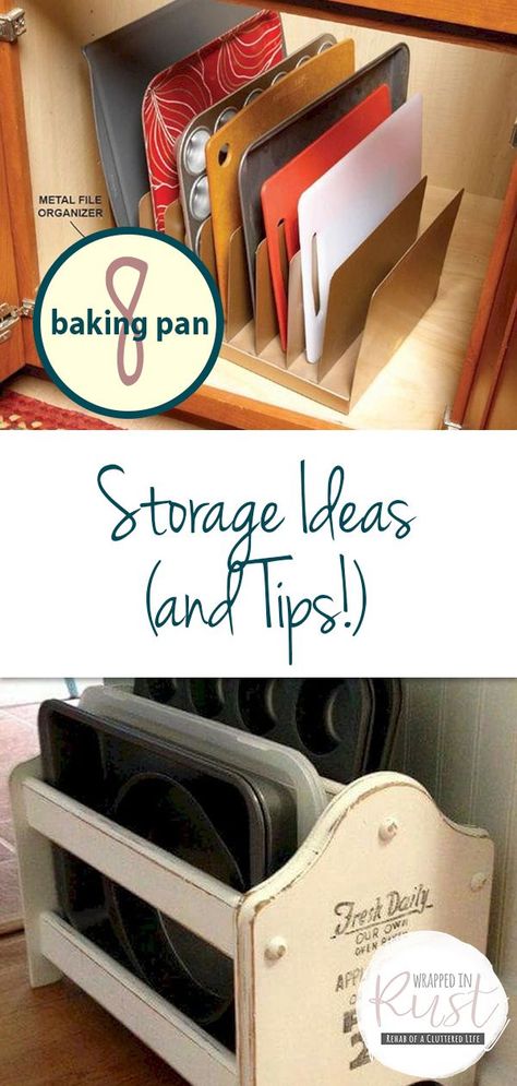 8 Baking Pan Storage Ideas (and Tips!) #Kitchenorganizationideascabinets Kitchen Tray Storage Ideas, Storage Ideas For Cookie Sheets, Organizing Cookie Sheets, Baking Sheet Storage Ideas, Baking Pantry Ideas, Diy Baking Pan Organizer, Organize Baking Pans, Diy Baking Sheet Organizer, Diy Sheet Pan Organizer