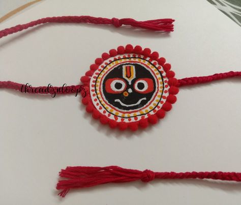 Handmade customized jogonnath hand-painted Rakhi, customized designs available. Exclusive range of painted one... #threadznloopz Rakhi Designs For Competition, Rakhi Made By Hand, Aesthetic Rakhi Ideas Handmade, Clay Rakhi Ideas, Homemade Rakhi Designs, Aesthetic Rakhi Ideas, Handmade Rakhi Designs Diy, Diy Rakhi Ideas, Rakhi Painting